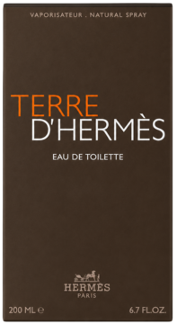 Terre d'Hermès Eau de Toilette, ciemnobrązowe opakowanie z białymi i pomarańczowymi napisami, widok z przodu.