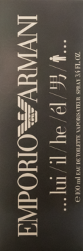 Emporio Armani męskie perfumy 100ml w czarnym pudełku z białym logo i tekstem 'lui/he', widok z boku.