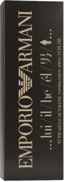 Pionowy czarny kartonik perfum Emporio Armani Homme 100ml EDT, ze zlotym napisem i symbolem meskim.