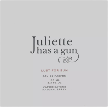 Juliette Has a Gun Lust for Sun EDP, szara karta produktu z czarnym i czerwonym tekstem, widok z przodu.