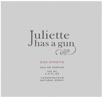 Front opakowania perfum Juliette Has a Gun Ego Stratis, 100ml, w jasnym beżu, z czarnymi napisami.
