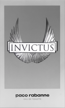 Paco Rabanne Invictus, szare pudełko z wytłoczonymi srebrnymi skrzydłami i napisem Invictus, widok z przodu.