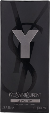 Czarne opakowanie perfum YSL Y Le Parfum 100 ml, z dużym, srebrnym logo Y na froncie, widok prosto.
