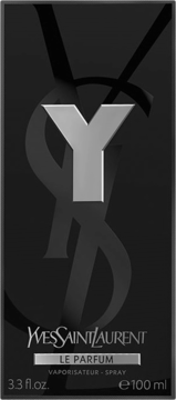 Front czarnego opakowania YSL Y Le Parfum dla mężczyzn, z dużym, srebrnym 'Y' i napisem Yves Saint Laurent.