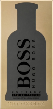 Złote, eleganckie pudełko perfum Hugo Boss Bottled Eau de Parfum 100ml, z czarną sylwetką flakonu.