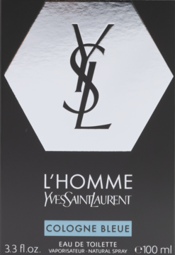 Czarne pudełko perfum L'Homme Cologne Bleue YSL, z srebrnym heksagonalnym logo i białymi napisami, widok z przodu.