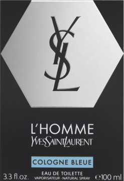 Ciemnoniebieskie opakowanie wody toaletowej YSL L'Homme Cologne Bleue, srebrny hexagon z logo na froncie.