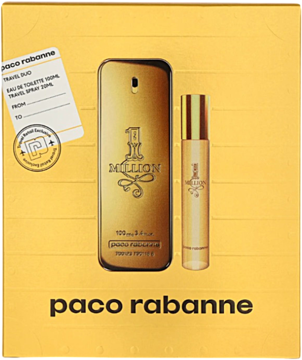 Zestaw Paco Rabanne 1 Million, złote pudełko z wodą toaletową 100ml i travel spray 20ml, widok z przodu.