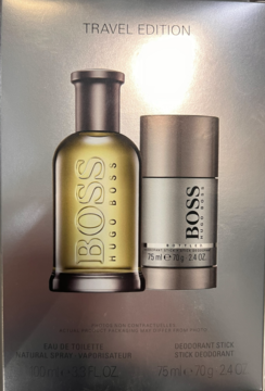Hugo Boss BOSS Bottled Travel Edition zestaw: złota woda toaletowa 100ml i dezodorant w sztyfcie 75ml, widok z przodu.