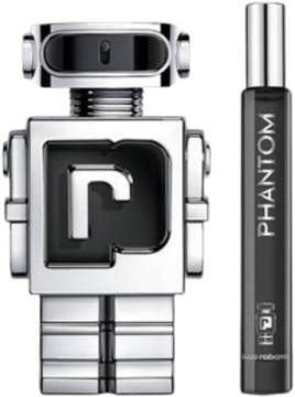 Zestaw zapachowy Phantom: chromowy flakon w kształcie robota 100ml i czarny spray podróżny 10ml, widok z przodu.
