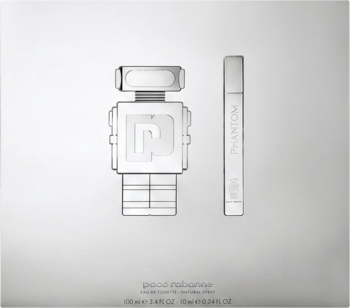 Zestaw Paco Rabanne Phantom: woda toaletowa 100ml w butelce-robocie i 10ml perfumetka, na jasnym tle.