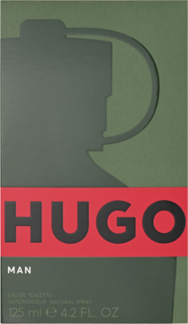 Hugo Man męska woda toaletowa, zielone pudełko z czerwoną opaską i logo HUGO, sylwetka flakonu.