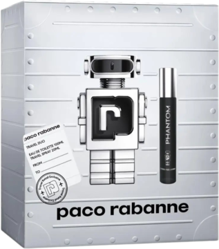 Zestaw Paco Rabanne Phantom: srebrna woda toaletowa w kształcie robota i czarna miniatura w metalicznej skrzyni.