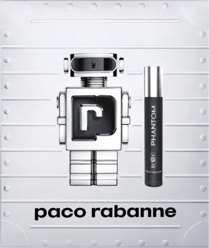 Paco Rabanne Phantom: srebrny, futurystyczny flakon robot 100ml i czarna miniatura 20ml. Męska woda toaletowa.