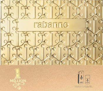 Złoty zestaw Paco Rabanne 1 Million dla mężczyzn: woda toaletowa i dezodorant w pudełku z wytłoczonym logo 'rabanne'.