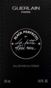 Guerlain Black Perfecto Eau de Parfum Florale, czarne pudełko 50 ml z srebrnym okrągłym logo, przód.