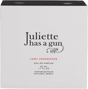 Białe opakowanie perfum Juliette Has A Gun Lady Vengeance EDP 50ml, z czarnym i czerwonym napisem, widok z przodu.