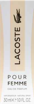 Pionowe opakowanie Lacoste Pour Femme Eau De Parfum 30ml z logo krokodyla i napisem, widok z przodu.