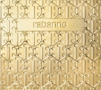 Złota, tłoczona powierzchnia opakowania Paco Rabanne 1 Million z geometrycznym wzorem i napisem "rabanne".