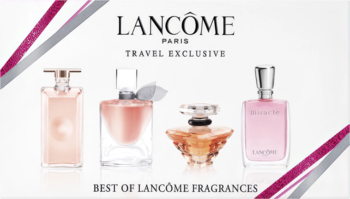 Lancome Travel Exclusive: zestaw 4 miniatur perfum (Trésor, Idole, La Vie Est Belle, Miracle) na białym tle.