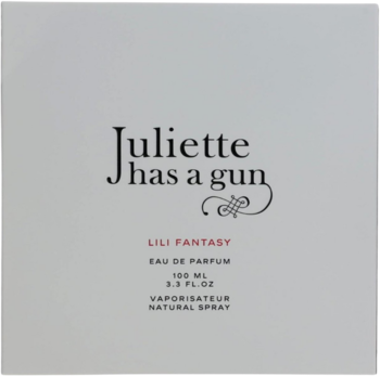 Białe, matowe pudełko perfum Juliette Has A Gun Lili Fantasy EDP 100ml z czerwonym napisem, widok z przodu.