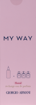 Różowe opakowanie Giorgio Armani My Way Floral, refill eau de parfum, z grafiką butelki uzupełniającej flakony.
