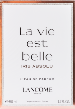 Białe opakowanie perfum Lancôme La vie est belle Iris Absolu, 50 ml, z eleganckim tekstem i złotym brzegiem.