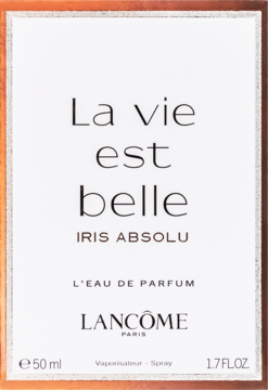 Białe opakowanie Lancôme La Vie Est Belle Iris Absolu L'Eau de Parfum 50 ml ze złotą ramką, z przodu.
