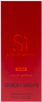 Czerwone pudełko perfum Giorgio Armani Sì Passione Eclat eau de parfum 30ml, widok z przodu.
