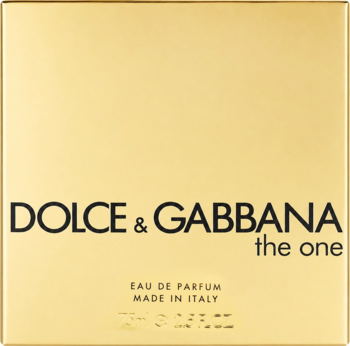 Złote, prostokątne opakowanie Dolce & Gabbana The One Eau de Parfum z czarnymi napisami, widok z przodu.