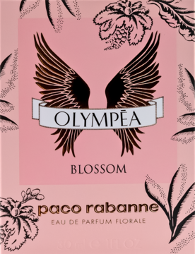 Różowe pudełko Paco Rabanne Olympéa Blossom Eau de Parfum, z czarnymi kwiatami i złotymi skrzydłami, widok z przodu.