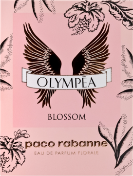 Paco Rabanne Olympéa Blossom woda perfumowana, różowe pudełko z logo złotych skrzydeł, widok z przodu.