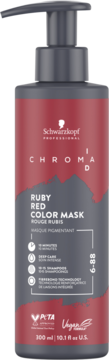 Schwarzkopf Chroma ID Ruby Red Color Mask, ciemnoczerwona butelka 300ml z pompką, widok z przodu.