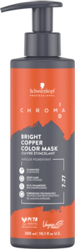 Schwarzkopf Chroma ID Bright Copper Color Mask 7-77 w pomarańczowo-szarej butelce z pompką, widok z przodu.