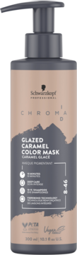 Schwarzkopf Chroma ID Glazed Caramel Color Mask 300ml, ciemna butelka z beżową etykietą, widok z przodu.