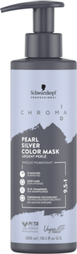 Schwarzkopf Chroma ID Pearl Silver Color Mask, lawendowa butelka z pompką, widok z przodu, 300 ml.