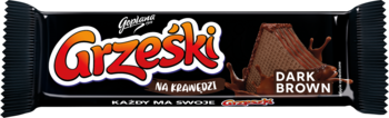 GOPLANA GRZEŚKI ,wafel z kremem o smaku kakaowym oblany na krawędzi ciemną czekoladą,przód