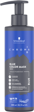 Schwarzkopf Chroma ID Blue Color Mask, półtrwała wegańska maska do włosów, niebieska butelka z pompką, widok z przodu.