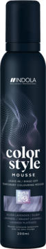 Indola Color Style Mousse Silver Lavender 200ml, ciemna butelka z falistym wzorem, widok z przodu.