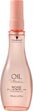 Przezroczysta butelka Schwarzkopf Oil Ultime Rose Finishing Oil z różową pompką, widok z przodu. 100 ml.