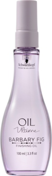 Schwarzkopf Oil Ultime Barbary Fig Finishing Oil w przezroczystej butelce z fioletowym atomizerem, widok z przodu.