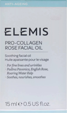 Kartonik Elemis Pro-Collagen Rose Facial Oil 15ml, jasnoszary z błękitnym paskiem ANTI-AGEING na górze, widok z przodu.