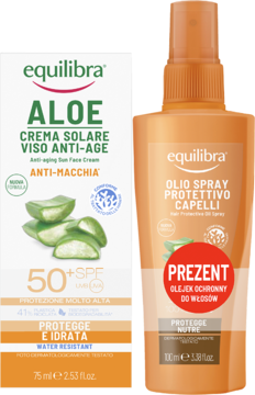 EQUILIBRA Aloe ,zestaw kosmetyków przecisłonecznych: krem do twarzy SPF50+ i olejek do włosów,przód