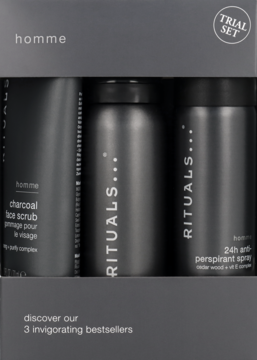 Zestaw Rituals Homme Trial Set: ciemnoszare opakowanie z widocznym peelingiem węglowym i antyperspirantem w sprayu.