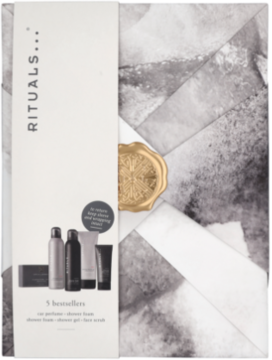 Zestaw prezentowy Rituals Homme, 5 bestsellerów w eleganckim czarno-białym pudełku ze złotą pieczęcią, widok z przodu.