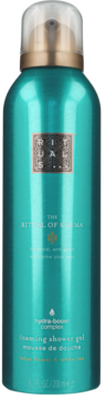 The Ritual of Karma foaming shower gel, turkusowa butelka, widok z przodu, lotos, biała herbata, Hydra-Boost.