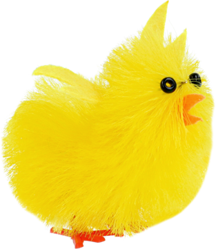 Żółty, puszysty kurczaczek wielkanocny 6,5 cm, z czarnymi oczami, otwartym dziobem i spiczastą fryzurą.