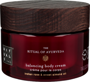 Rituals The Ritual of Ayurveda krem do ciała z różą i migdałami, ciemnoczerwony słoik, przód.