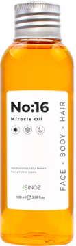 Sinoz No:16 Miracle Oil, bursztynowy olejek do twarzy, ciała i włosów w butelce, widok z przodu.