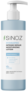 SINOZ Hydrparo Intense Repair Moisturizing Lotion, biało-niebieska butelka z białym dozownikiem, widok z przodu.